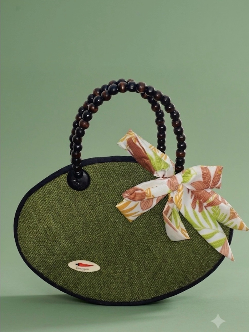 Unique boutique purse-one of a kind-green fabric-bow-wood beads handles